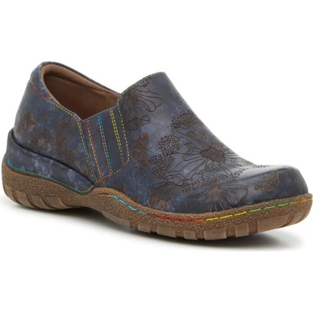 L'Artiste Karrigan slip on clogs zipper floral imprint blue leather woman 39/8.5